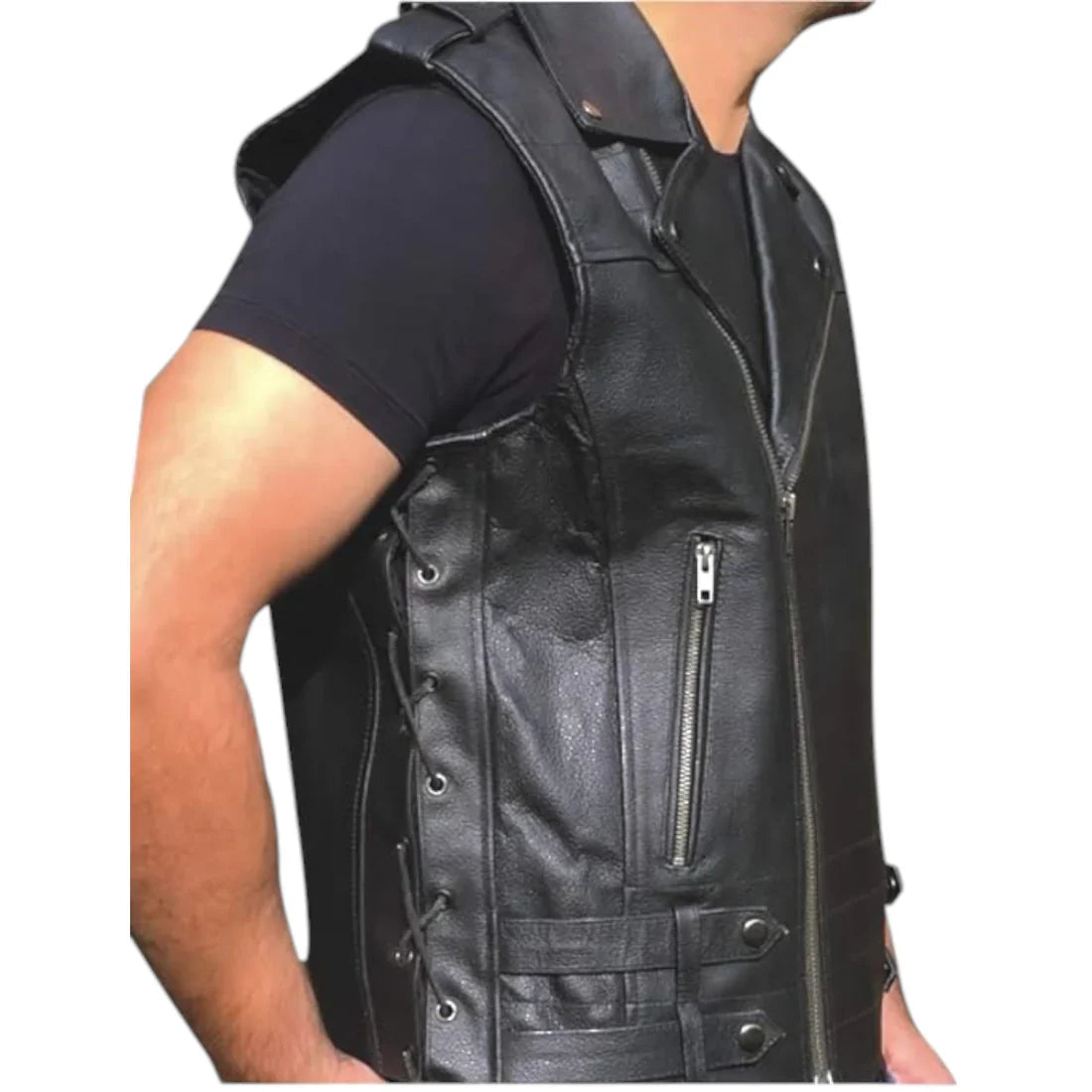 Men's Rocker Style Biker Vest – Genuine Black Cowhide Leathe