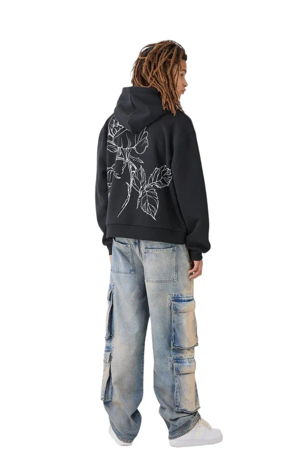 OVERSIZED BOXY FLORAL LINE DRAWING HOODIE