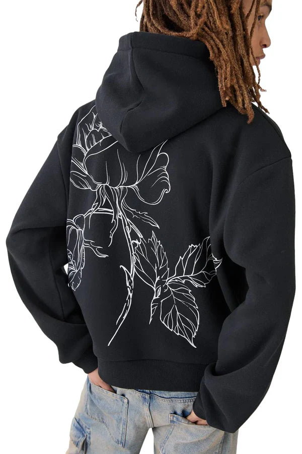 OVERSIZED BOXY FLORAL LINE DRAWING HOODIE