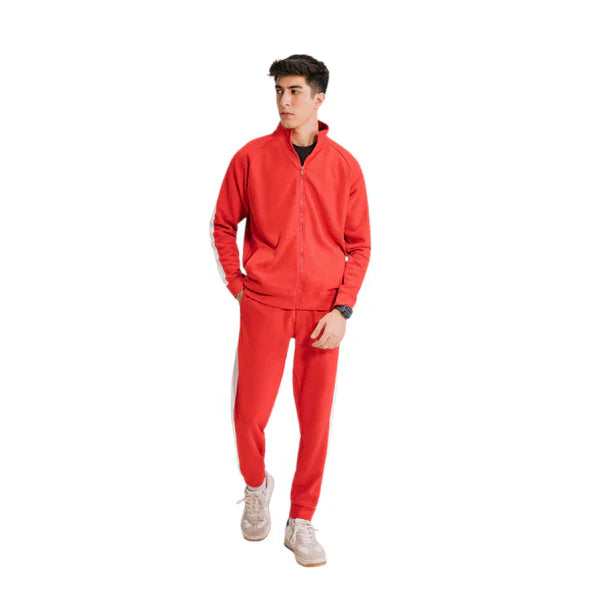 Sporty Men's Full-Zip Red Jacket with Contrast Stripes