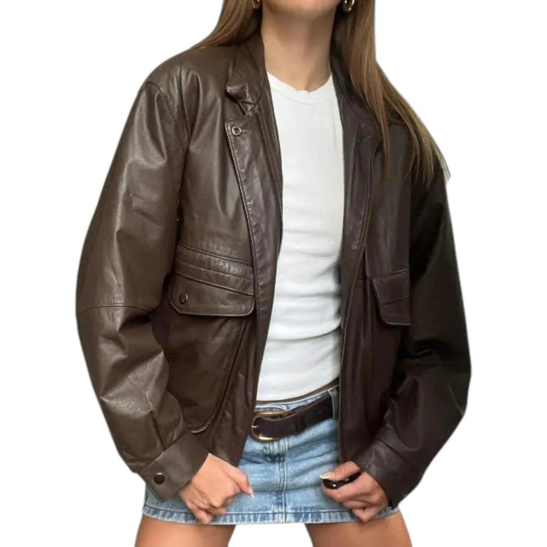 Retro 90s Oversized Brown Leather Bomber