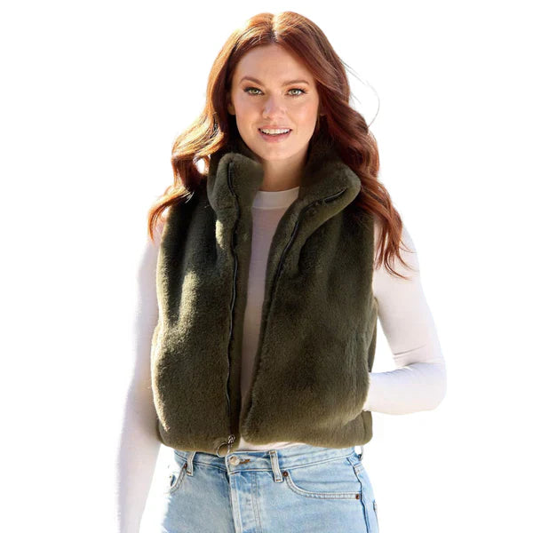 Olive Zip Vest with Le Mink Faux Fur Trim
