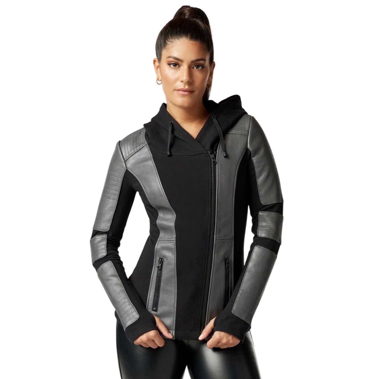 Women's Black & Grey Leather Hoodie Jacket | Moto Style