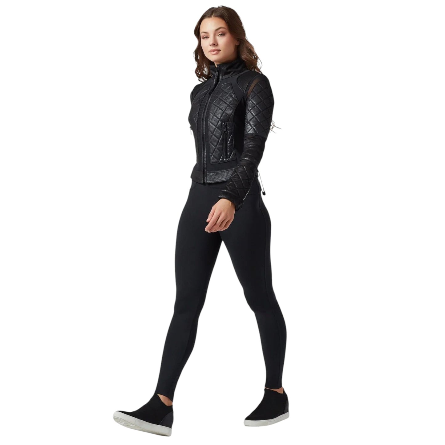 Woman wearing a black quilted jacket and leggings on a white background
