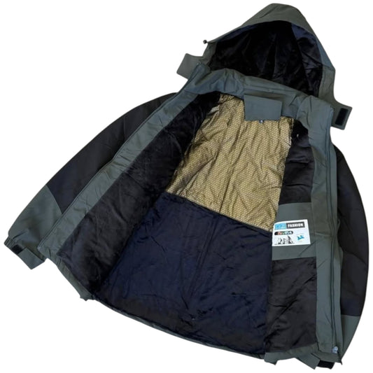 Open jacket showing inner lining and brand label on a white background