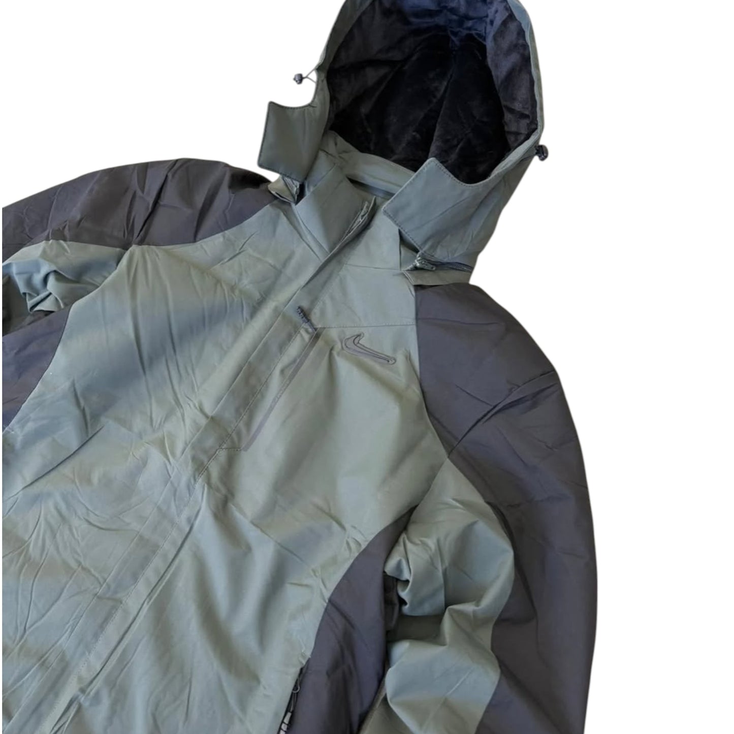 Gray and navy jacket with a hood on a white background