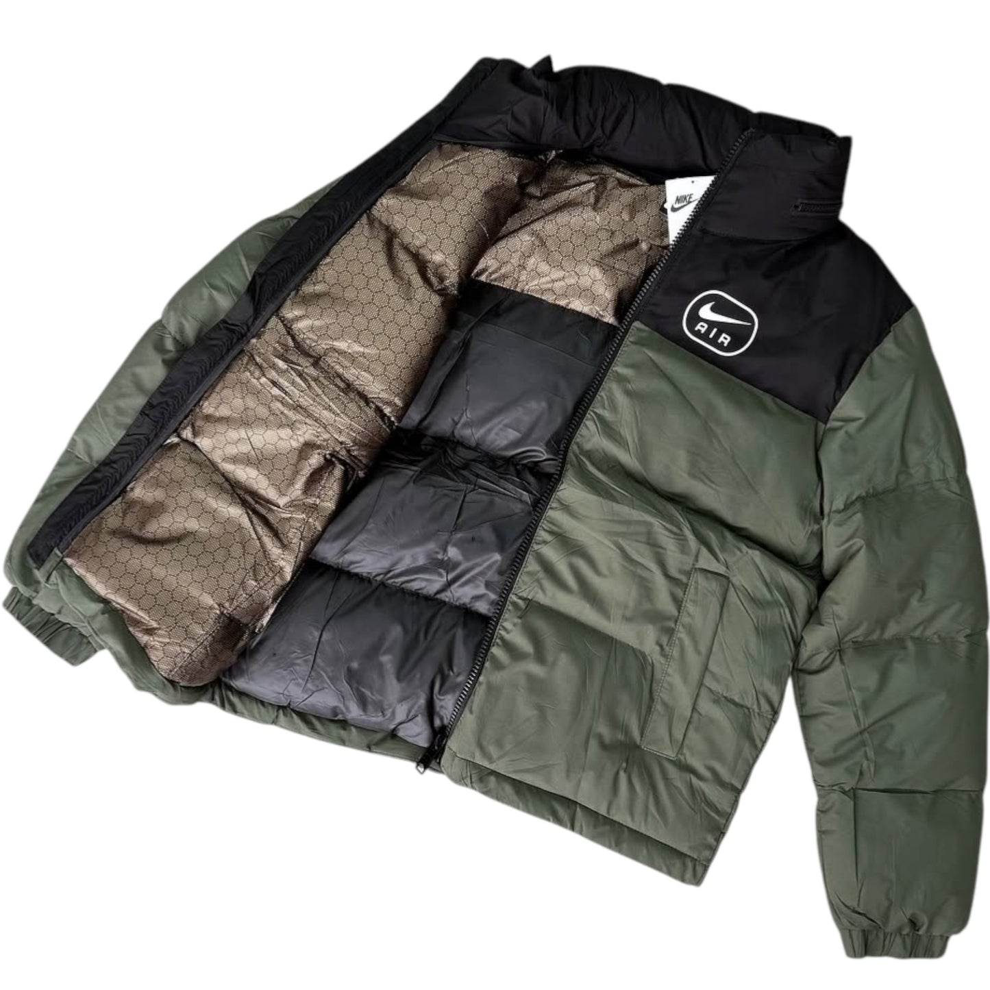 Green puffer jacket with black hood and Nike logo on a white background