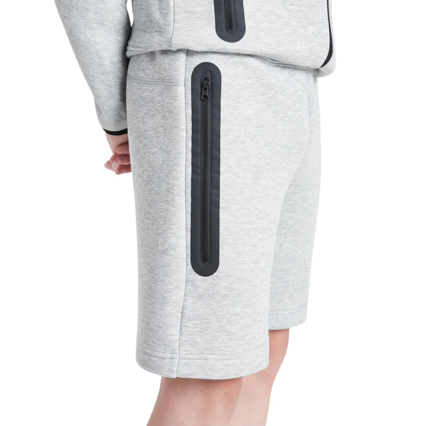 Gray sweatpants with a black zipper on a white background