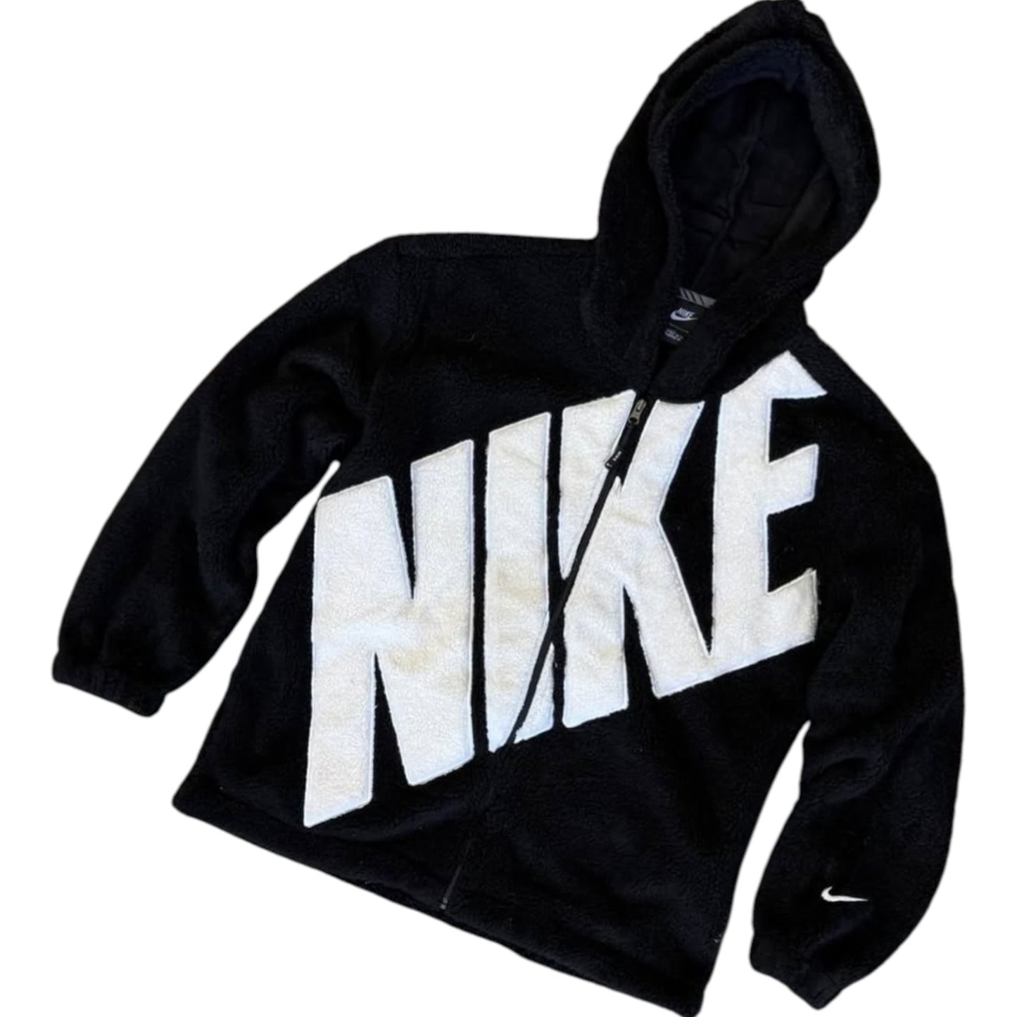 Black Nike hoodie with white logo on a white background