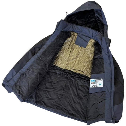 Black and blue jacket with a hood on a white background