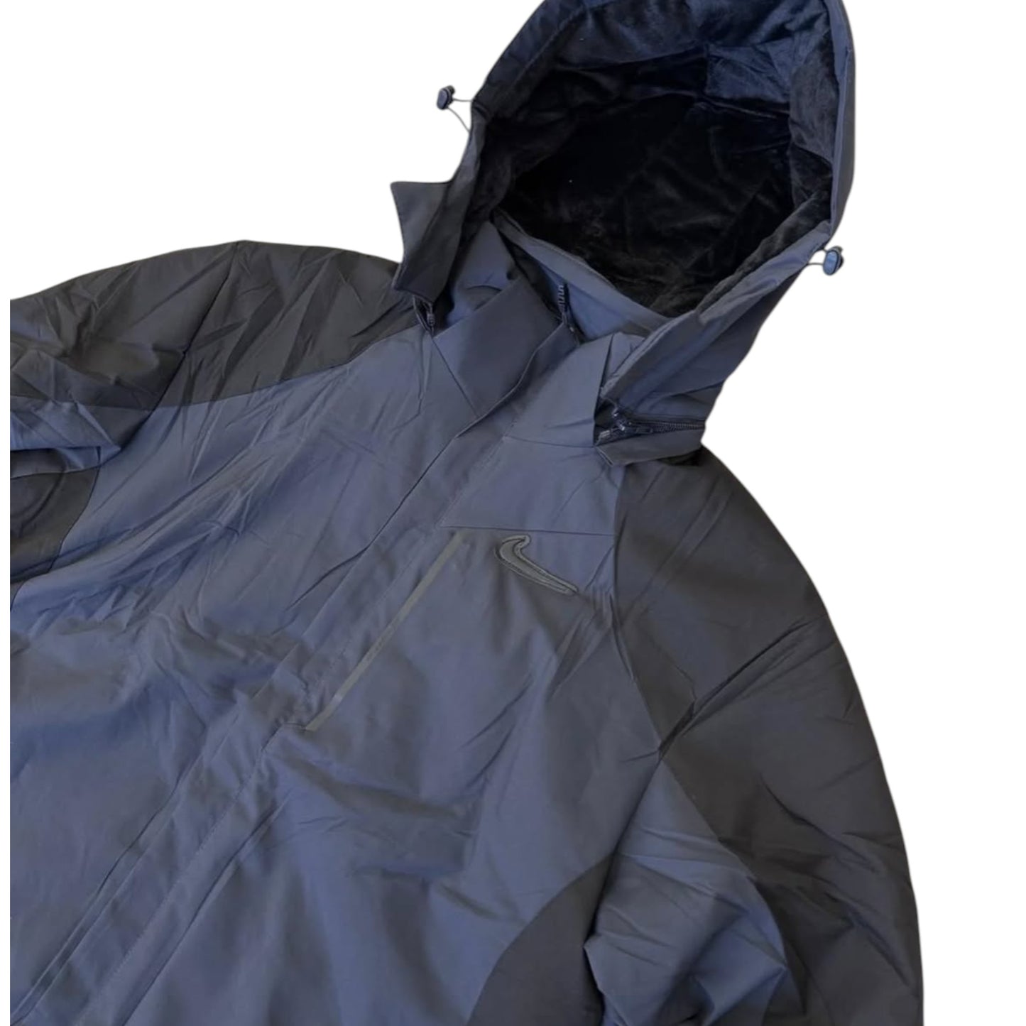 Dark blue raincoat with hood on a white background