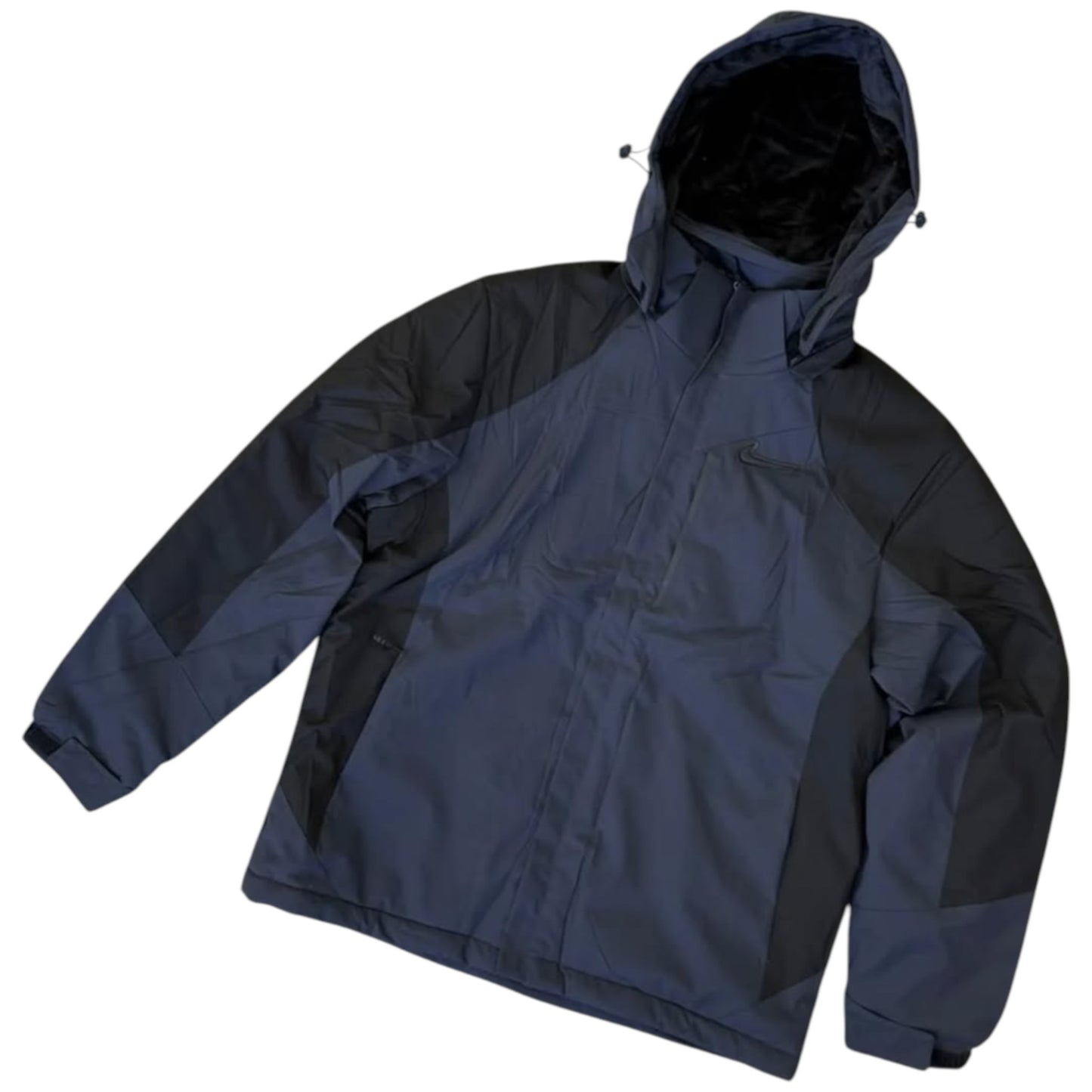 Blue and black jacket with a hood on a white background