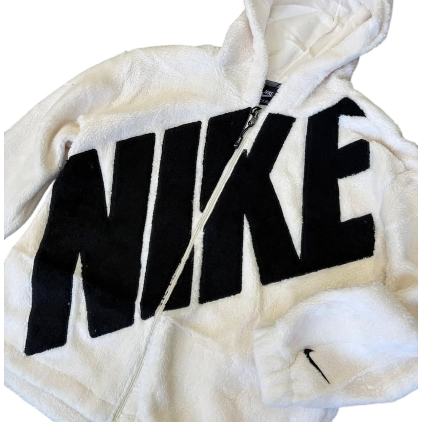 White Nike hoodie with black text on a white background