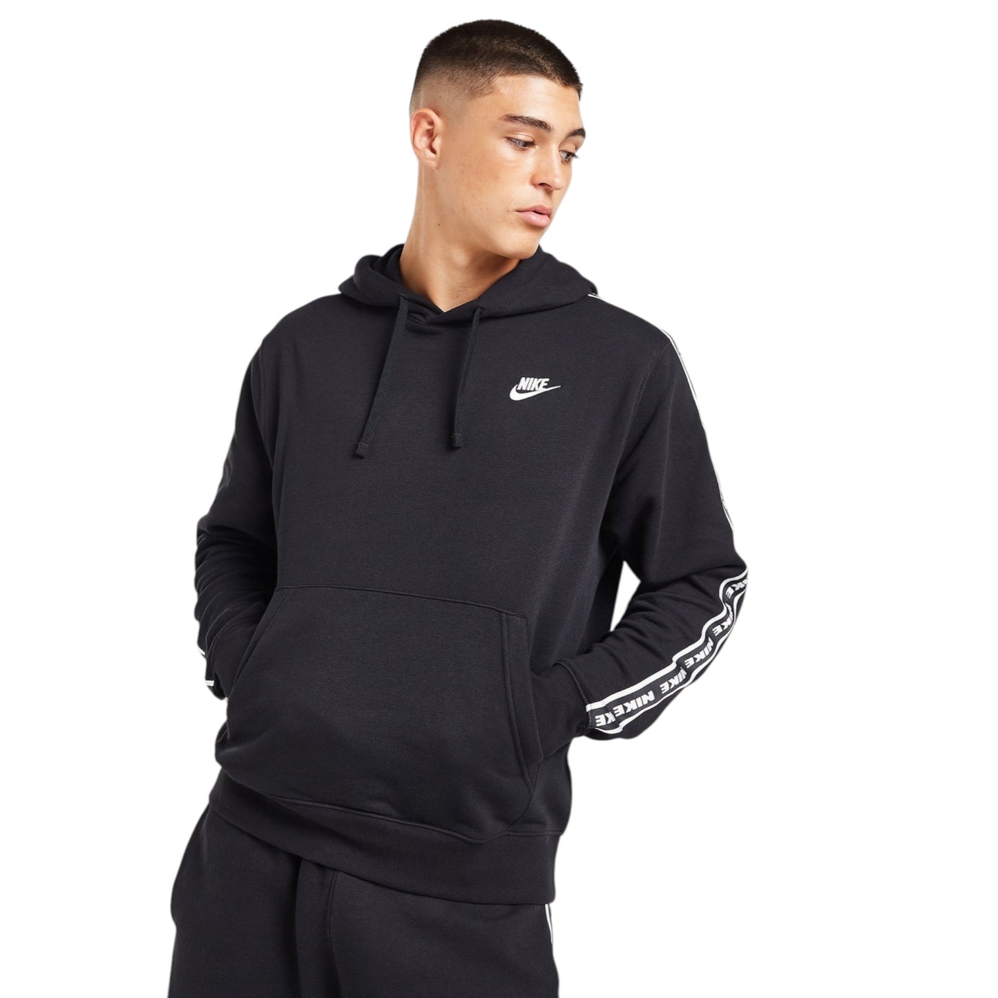 Man wearing a black Nike hoodie with white logo and text on a white background