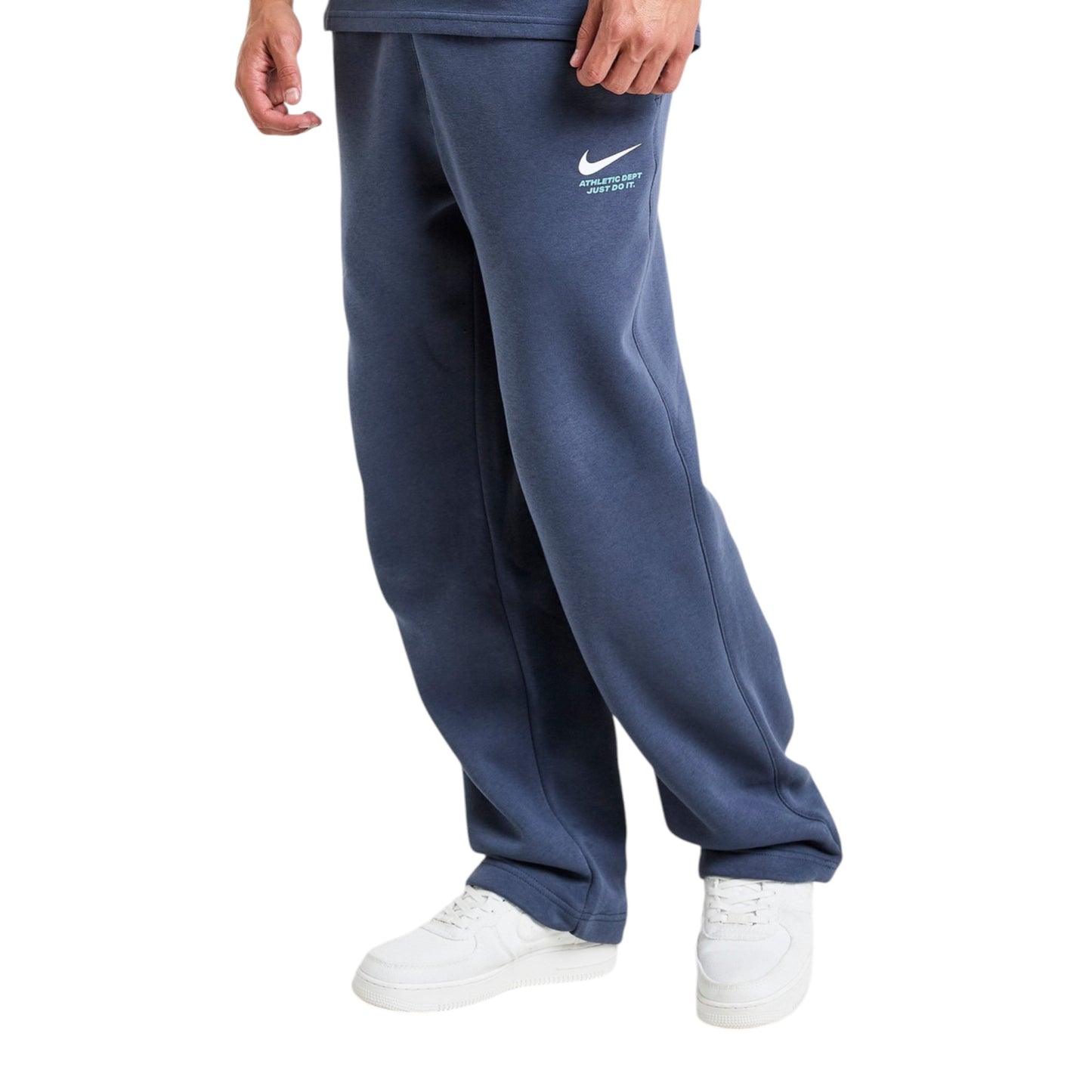 Blue sweatpants with a white logo worn by a person on a white background