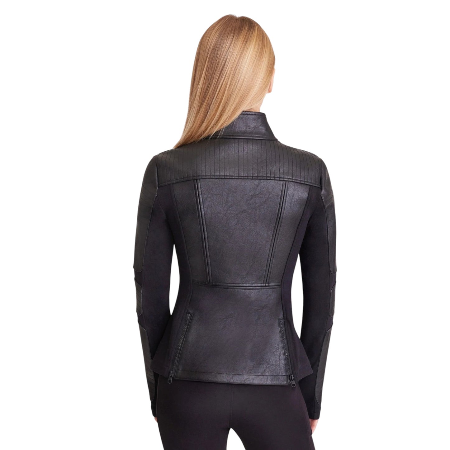 Black leather jacket worn by a person on a white background