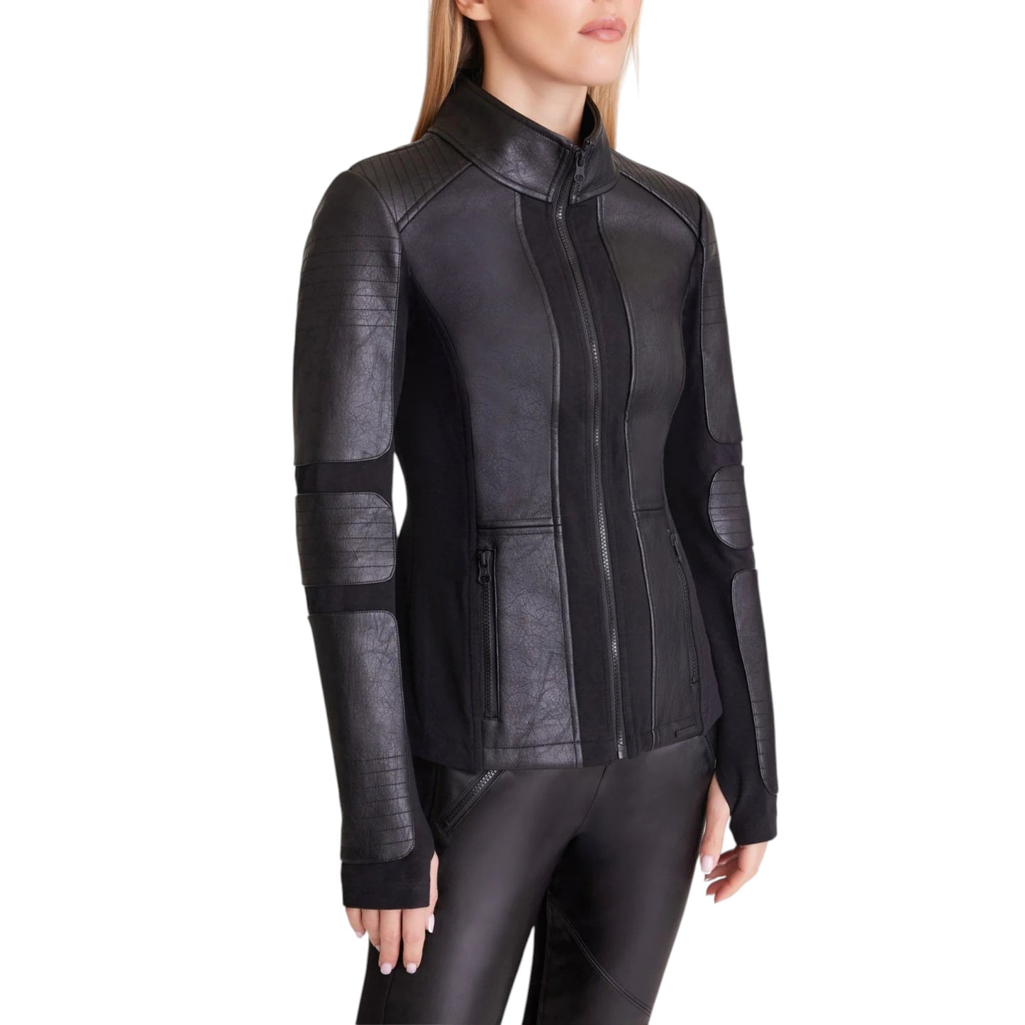 Black leather jacket with mesh panels on a white background
