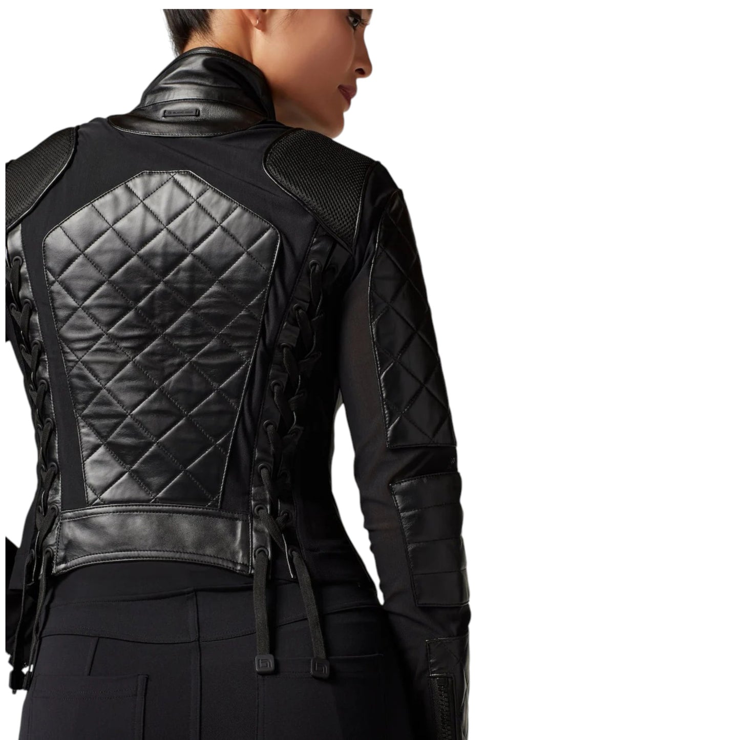 Black leather jacket with quilted back design on a white background