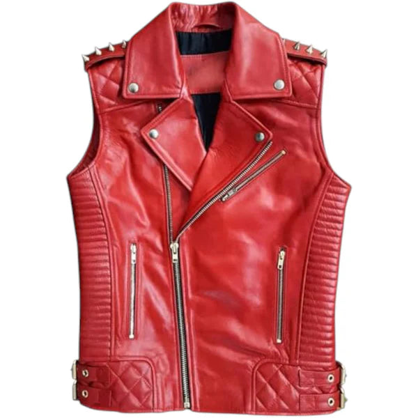 Stylish Red Lambskin Biker Vest – Rocker Retro Motorcycle Design