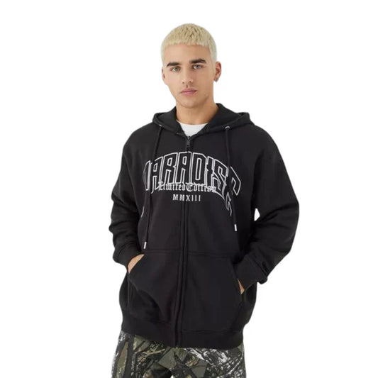 Black Oversized Paradise Hoodie with Zip-Through Design