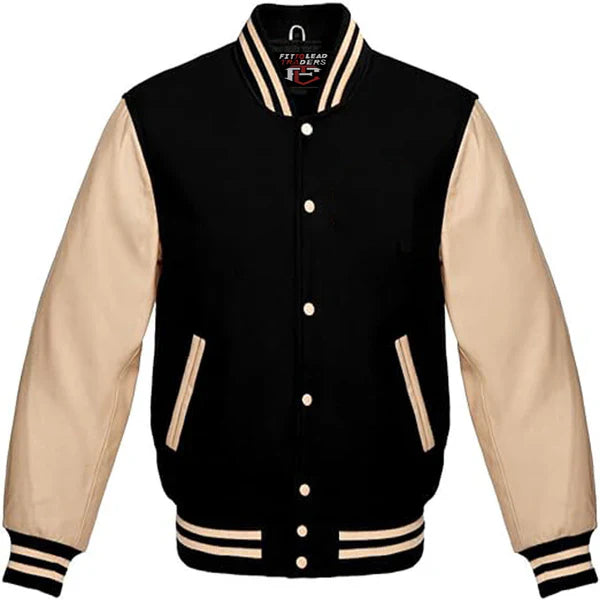 Classic Varsity Jacket Wool Body & Cream Leather Sleeves Vintage Baseball Style