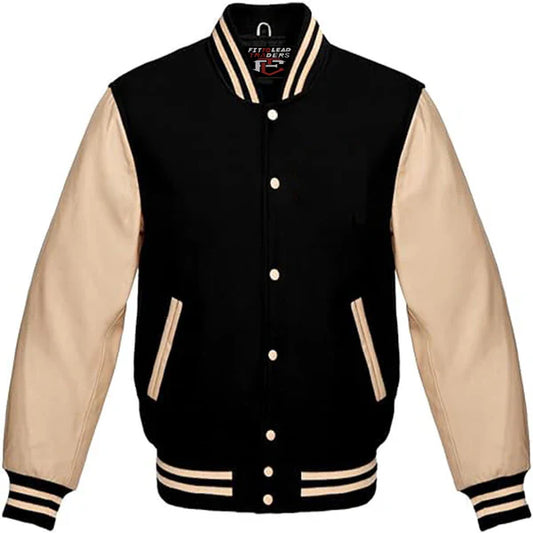 Classic Varsity Jacket Wool Body & Cream Leather Sleeves Vintage Baseball Style