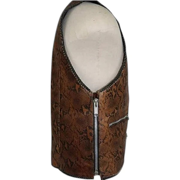 Genuine Cowhide Leather Biker Vest for Men – Brown Snake Skin Look