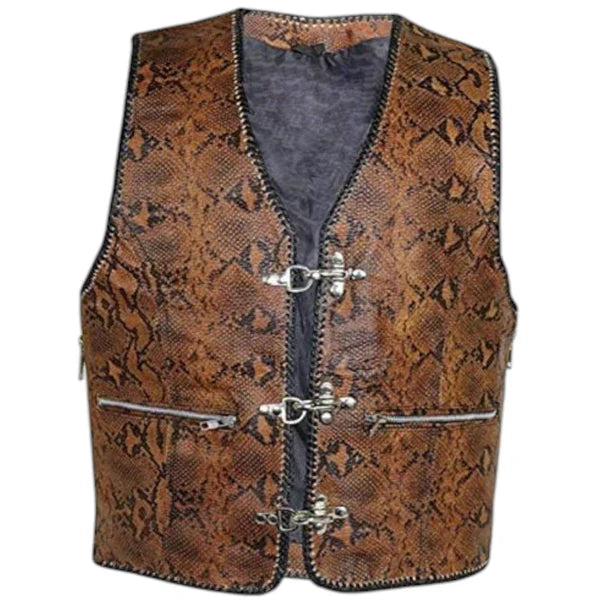 Genuine Cowhide Leather Biker Vest for Men – Brown Snake Skin Look