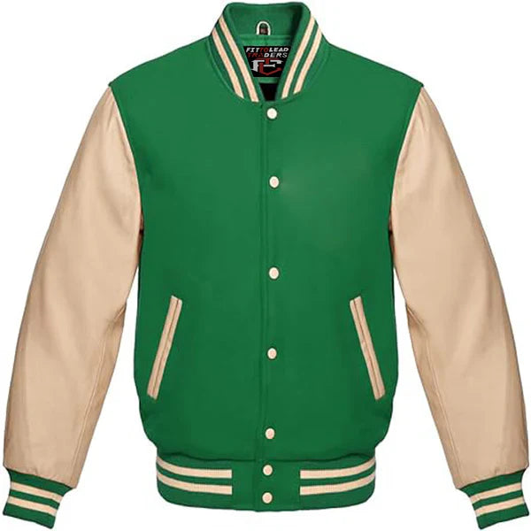 Classic Varsity Jacket Wool Body & Cream Leather Sleeves Vintage Baseball Style