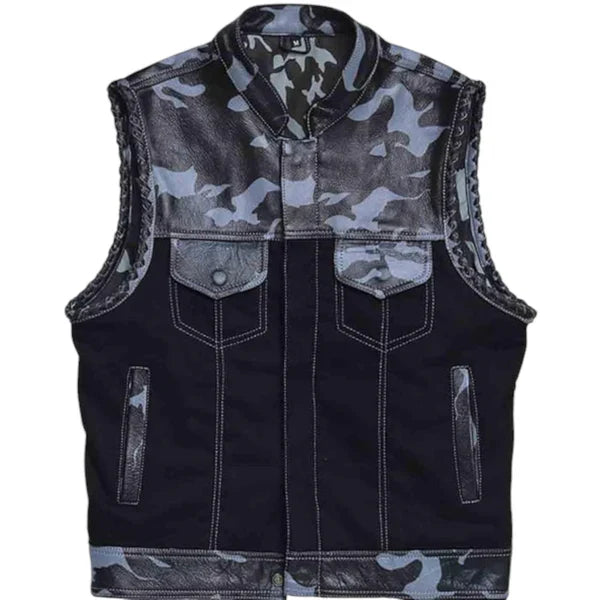 Men's Biker Rider Vest – Camouflage Leather & Textile Sleeveless Jacket
