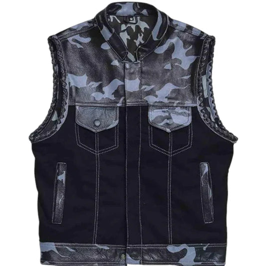 Men's Biker Rider Vest – Camouflage Leather & Textile Sleeveless Jacket
