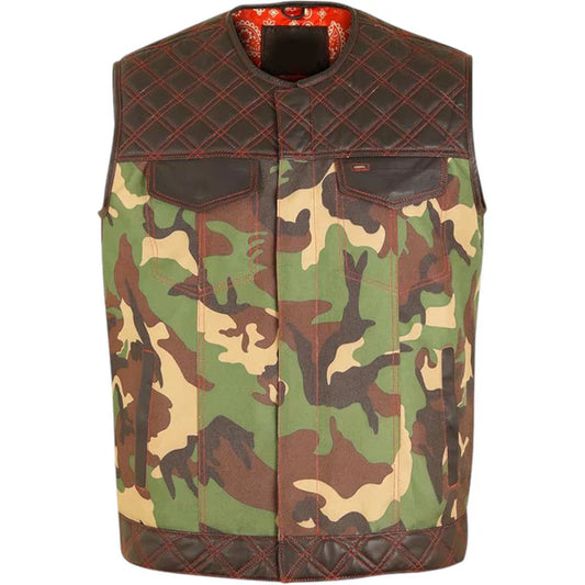 Men's Biker Rider Vest – Genuine Leather & Camouflage Textile Blend
