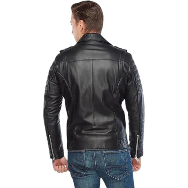 Men's Retro Black Quilted Sheep Leather Motorcycle Rider Jacket