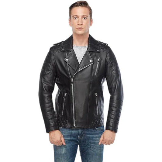 Men's Retro Black Quilted Sheep Leather Motorcycle Rider Jacket