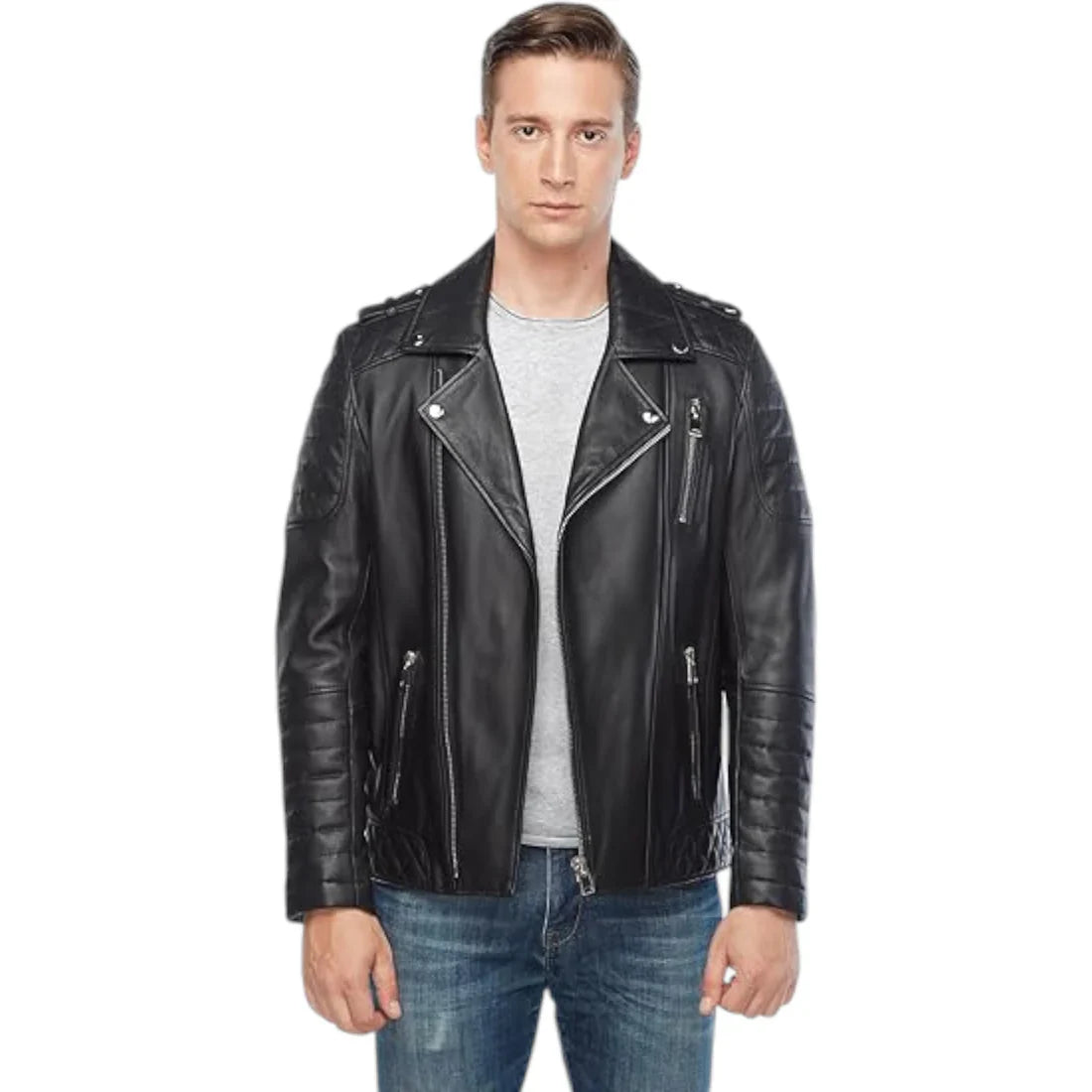 Men's Retro Black Quilted Sheep Leather Motorcycle Rider Jacket