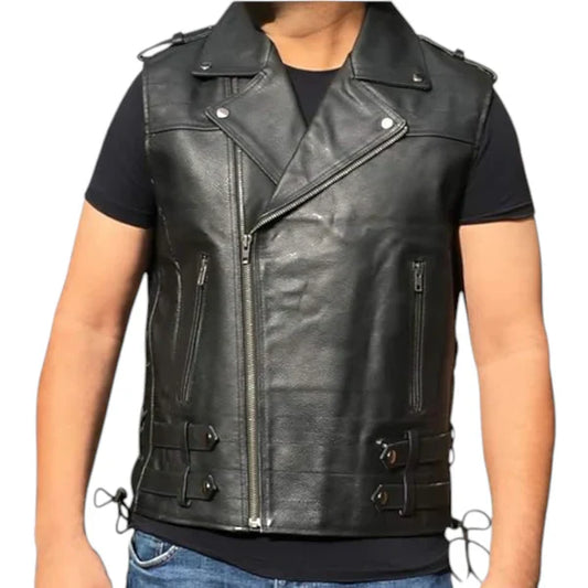 Men's Rocker Style Biker Vest – Genuine Black Cowhide Leathe