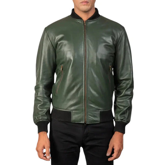 Men's Shane Green Leather Bomber Jacket – Stylish and Durable Outerwear