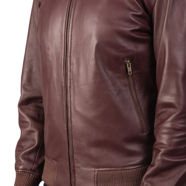 Men's Shane Maroon Leather Bomber Jacket – Stylish and Durable Outerwear