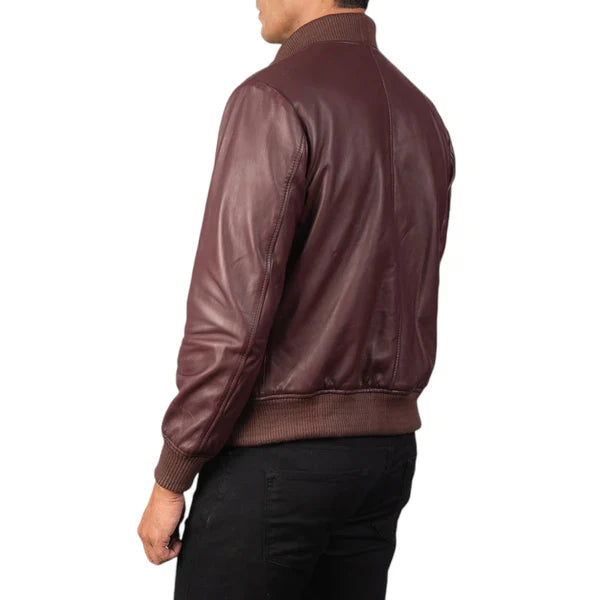 Men's Shane Maroon Leather Bomber Jacket – Stylish and Durable Outerwear