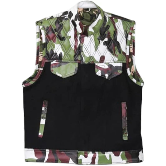 Motorcycle Biker Vest for Men – Camouflage Leather & Textile Sleeveless