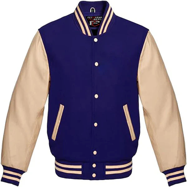 Classic Varsity Jacket Wool Body & Cream Leather Sleeves Vintage Baseball Style