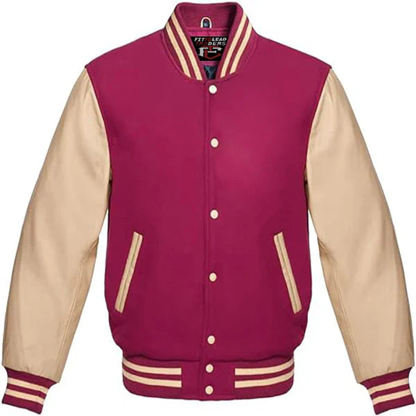 Classic Varsity Jacket Wool Body & Cream Leather Sleeves Vintage Baseball Style