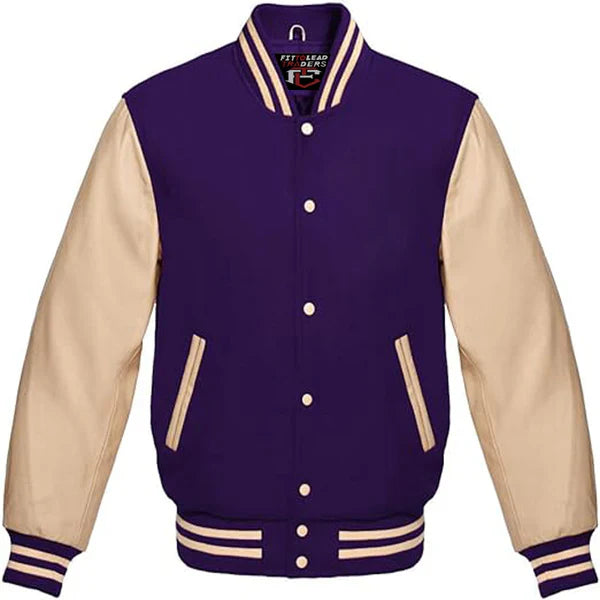 Classic Varsity Jacket Wool Body & Cream Leather Sleeves Vintage Baseball Style