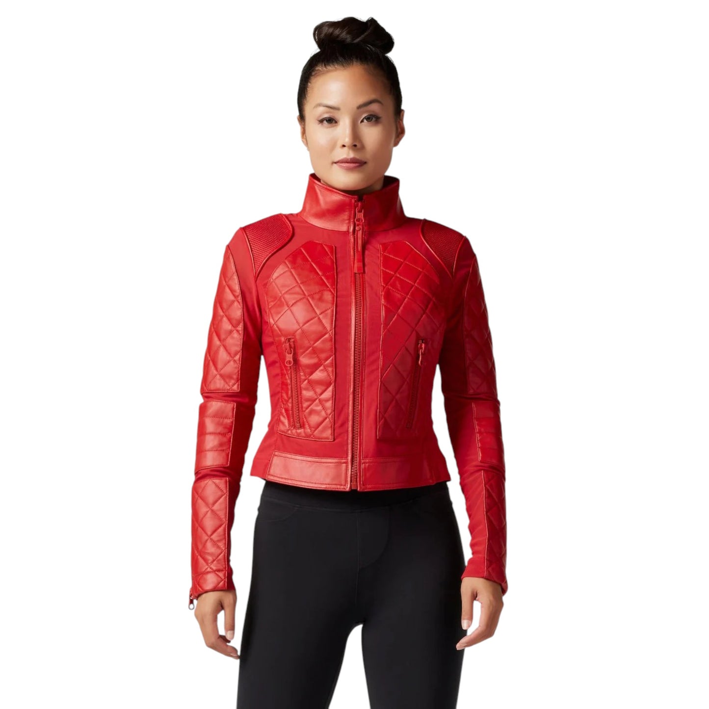 Red quilted jacket worn by a model on a white background