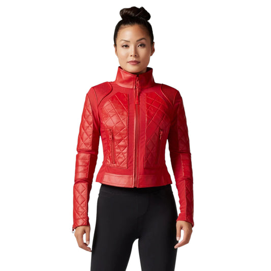 Red quilted jacket worn by a model on a white background