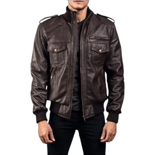 Stylish Men's Slim Fit Brown Lambskin Bomber Motorcycle Rider Jacket