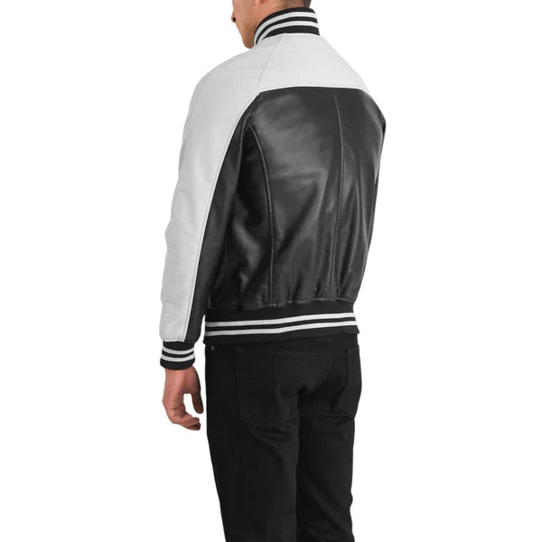 Terrance Varsity Jacket in Black and White Leather