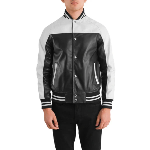 Terrance Varsity Jacket in Black and White Leather
