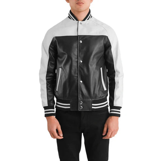 Terrance Varsity Jacket in Black and White Leather