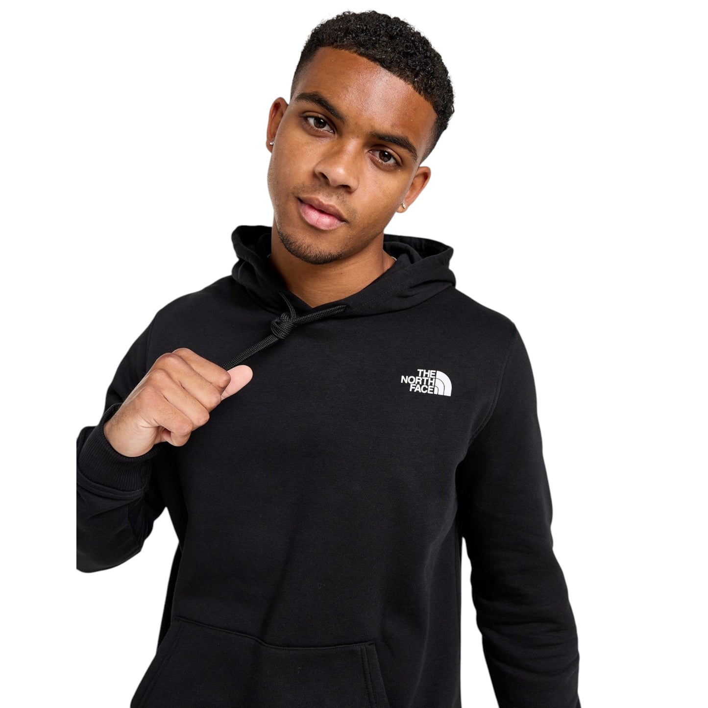 Person wearing a black hoodie with a brand logo on a white background